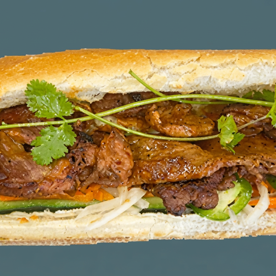 Close-up of a Vietnamese bánh mì sandwich filled with grilled meat, pickled carrots, cucumber, chili, and cilantro.