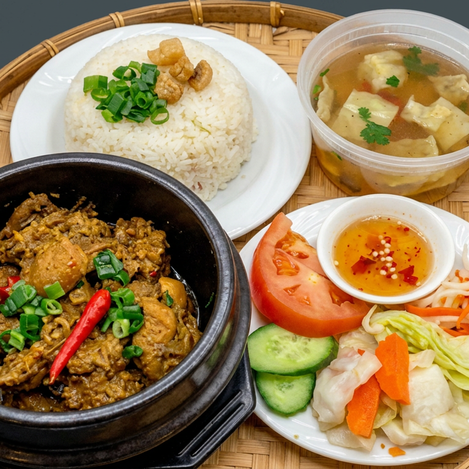Vietnamese meal served on a woven tray with rice, caramelized meat, soup, dipping sauce, and pickled vegetables.