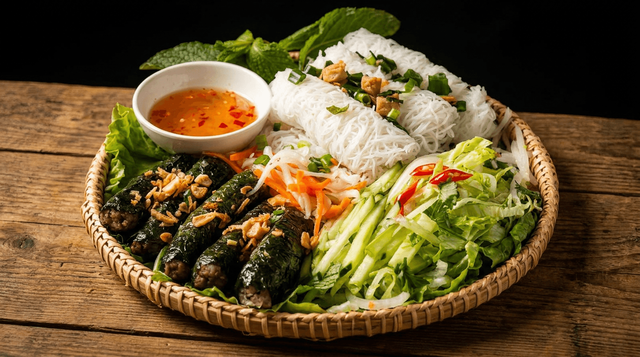 Betel Leaf-Wrapped Beef with Fine Rice Vermicelli.