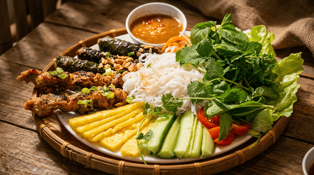 Grilled Pork & Betel Leaf-Wrapped Beef with Vermicelli.