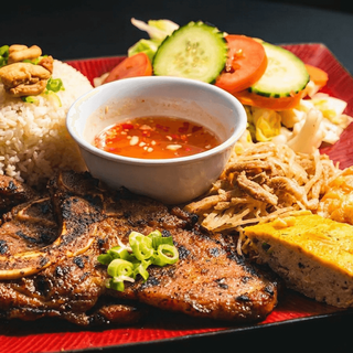 Grilled Pork Chop, Shredded Pork Skin, Steamed Egg & Fried Tofu Shrimp Paste with Broken Rice